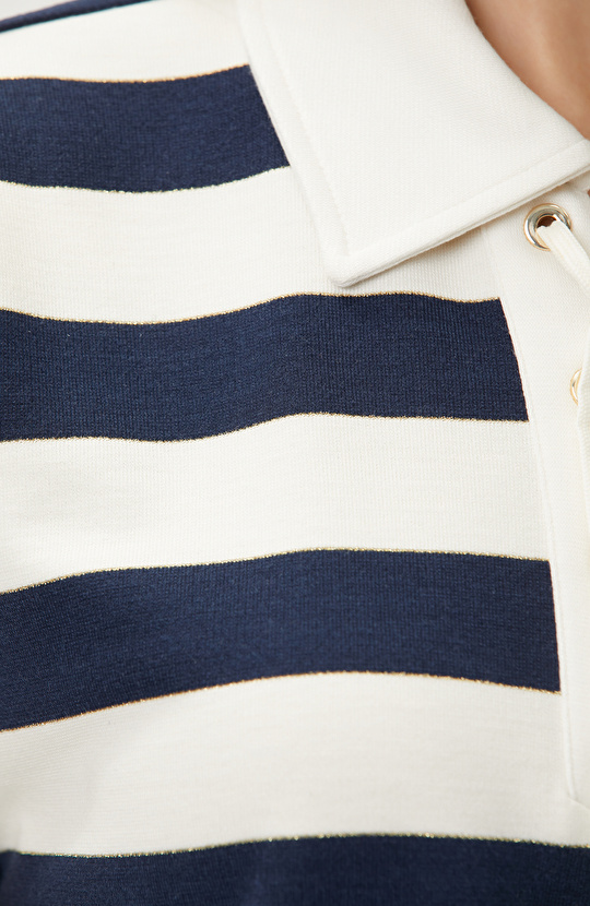 Navy Blue White Striped Lace-up Polo T-shirt