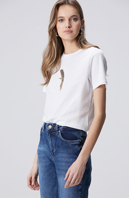 Beyaz Taşlı Papağan Figürlü T-shirt