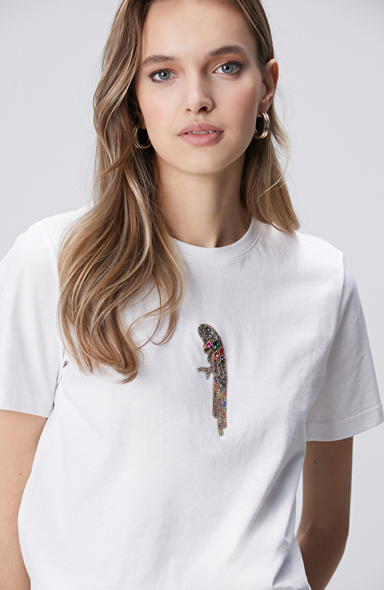 Beyaz Taşlı Papağan Figürlü T-shirt