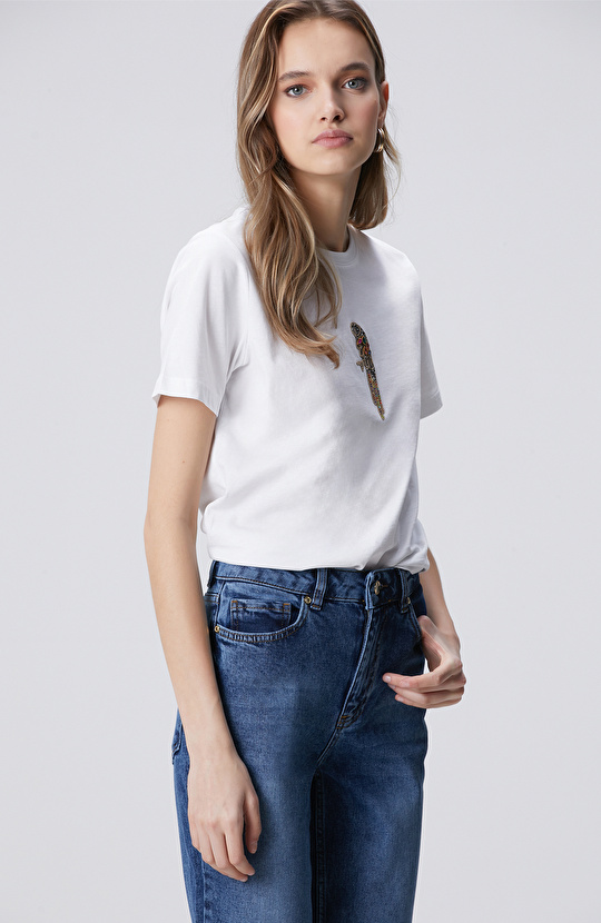 Beyaz Taşlı Papağan Figürlü T-shirt