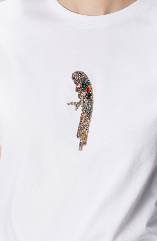 Beyaz Taşlı Papağan Figürlü T-shirt