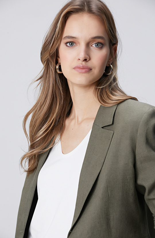 Haki Cep Detaylı Keten Ceket