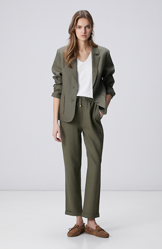 Haki Cep Detaylı Keten Ceket