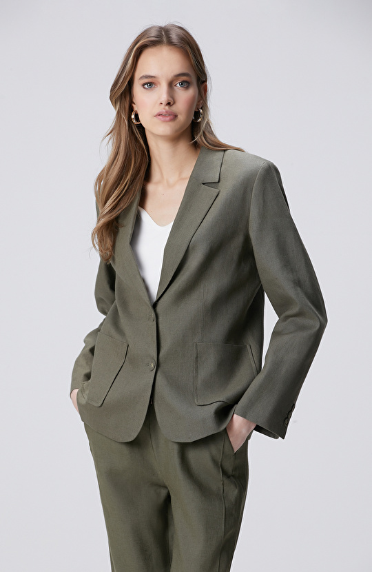 Haki Cep Detaylı Keten Ceket