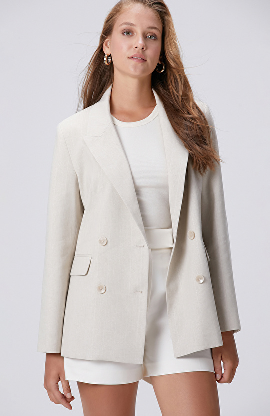 Natural Striped Silvery Linen Blend Double Breasted Jacket