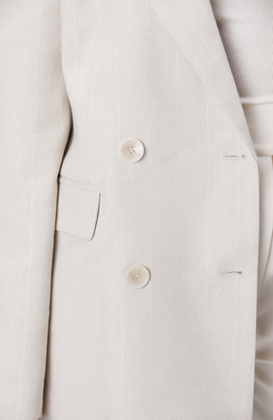 Natural Striped Silvery Linen Blend Double Breasted Jacket