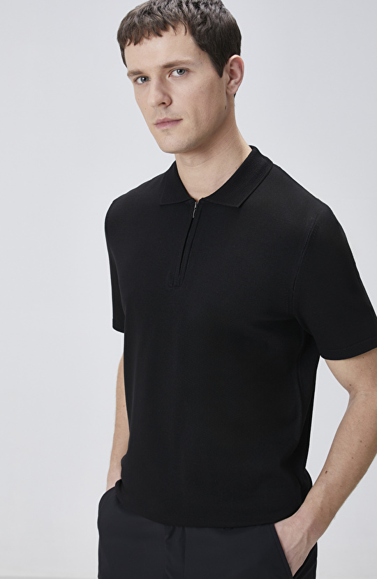 Siyah Gizli Patlı Fermuarlı Polo Kazak