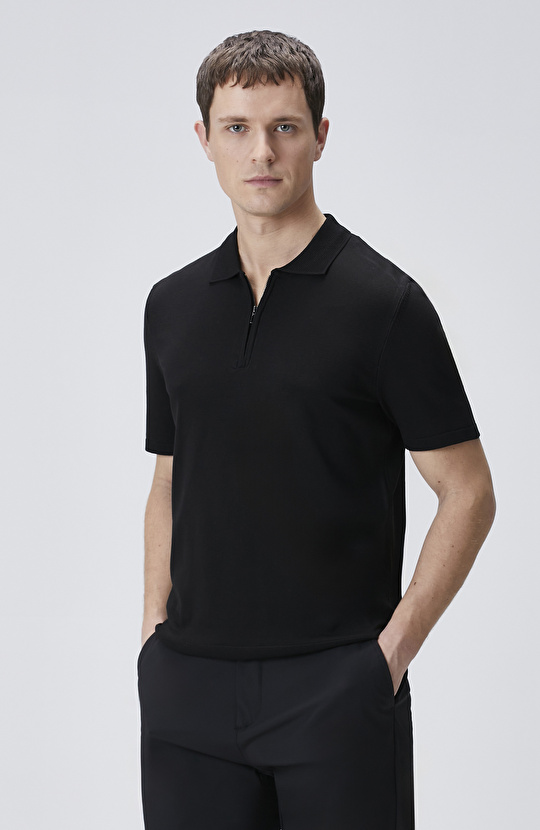 Siyah Gizli Patlı Fermuarlı Polo Kazak