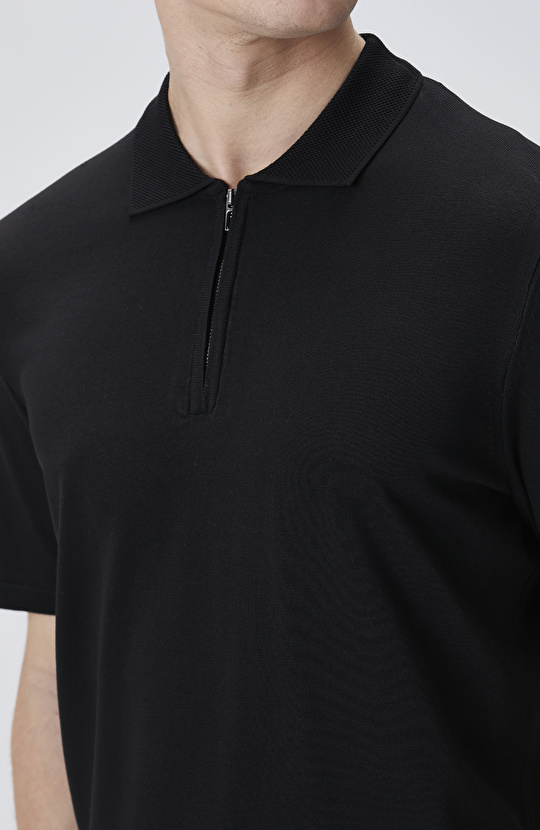 Siyah Gizli Patlı Fermuarlı Polo Kazak