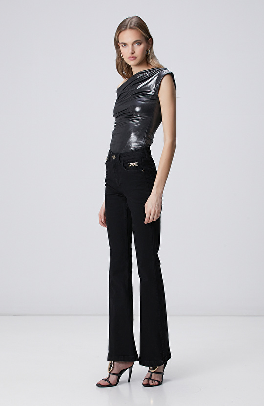 Siyah Antrasit Parlak Drapeli Örme Bluz