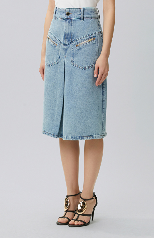 Light Indigo Blue Pleated Detailed Denim Skirt