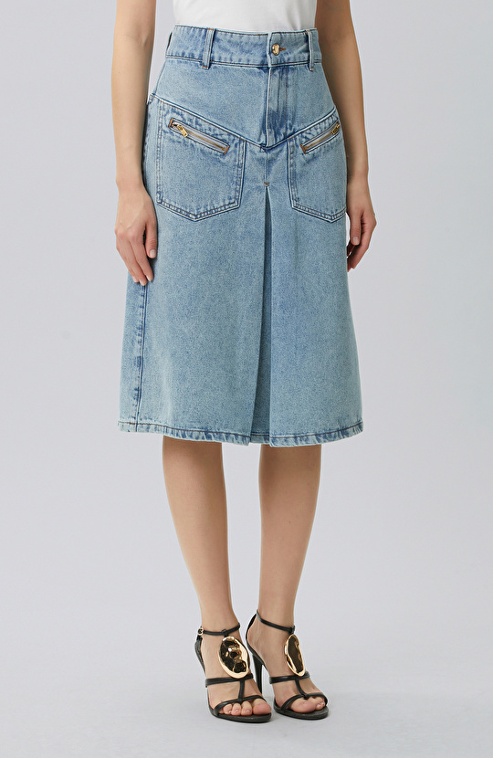 Light Indigo Blue Pleated Detailed Denim Skirt