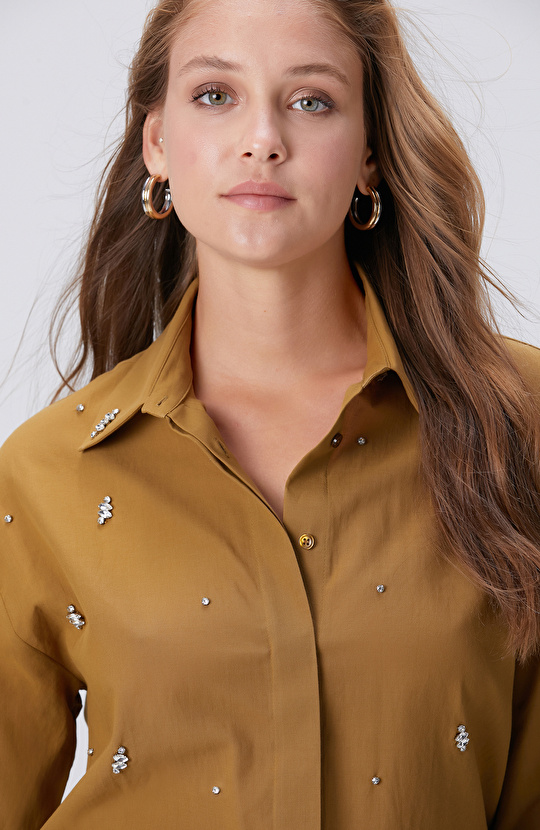 Hardal Dağınık Taş İşlemeli Cepli Uzun Kol Gömlek