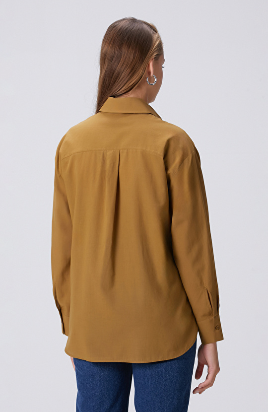 Hardal Dağınık Taş İşlemeli Cepli Uzun Kol Gömlek