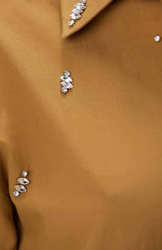 Hardal Dağınık Taş İşlemeli Cepli Uzun Kol Gömlek