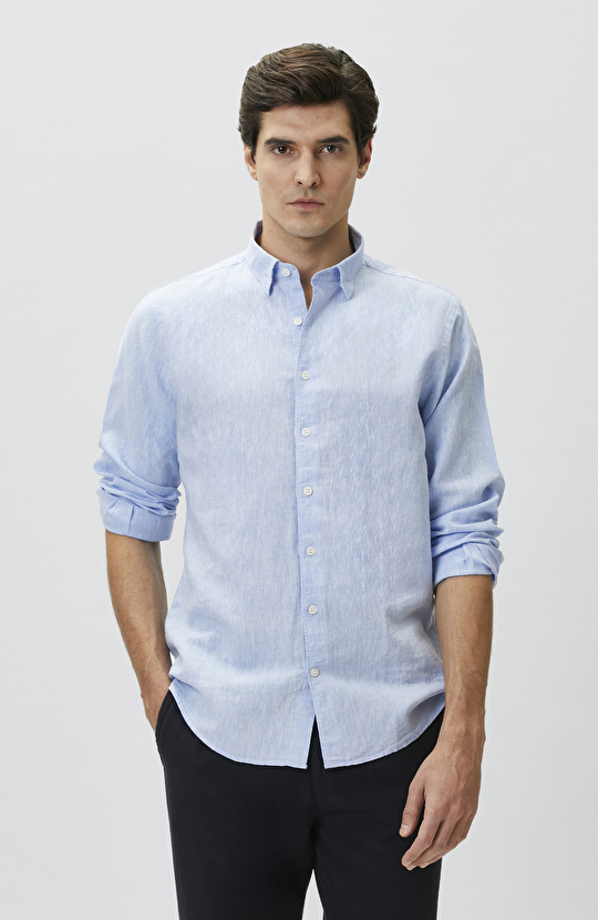 Slim Fit Açık Mavi Keten Gömlek