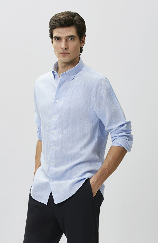 Slim Fit Açık Mavi Keten Gömlek