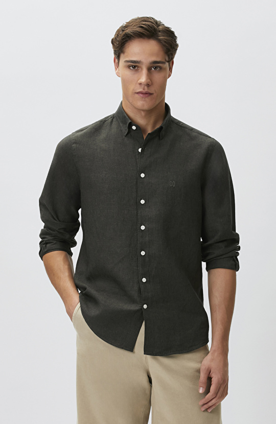 Slim Fit Haki Keten Gömlek