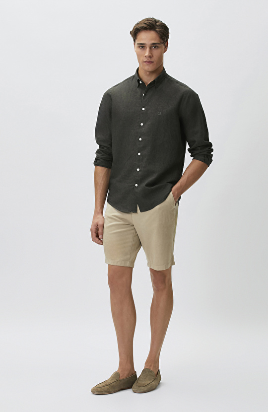 Slim Fit Haki Keten Gömlek