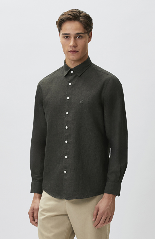 Slim Fit Haki Keten Gömlek