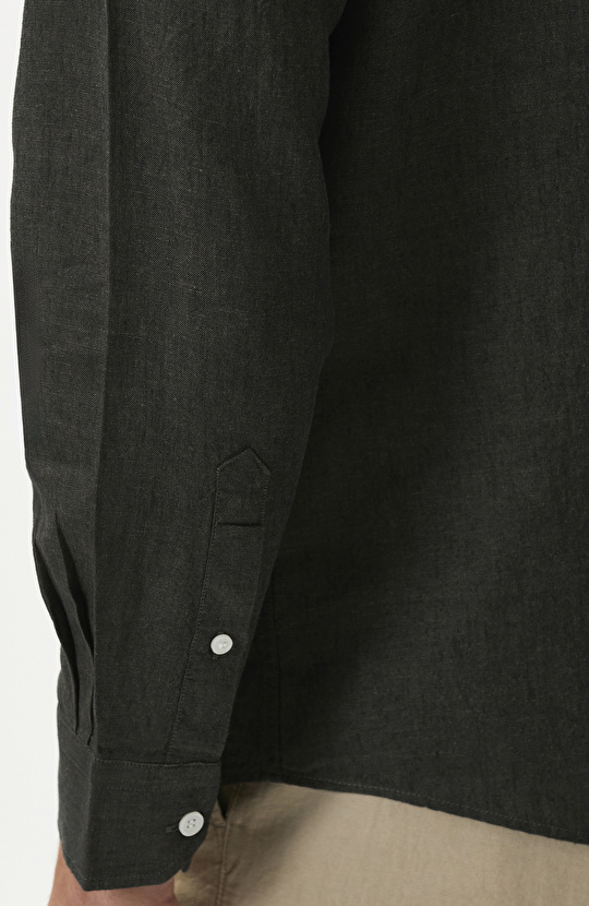 Slim Fit Haki Keten Gömlek