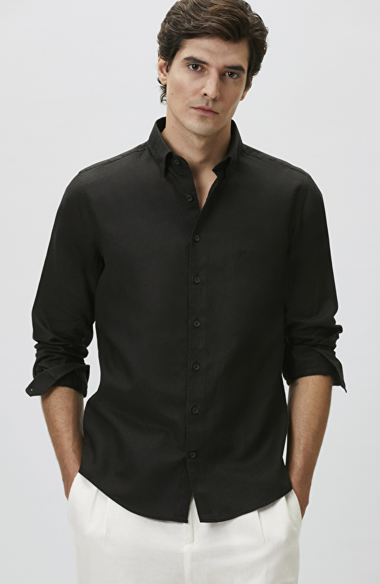 Slim Fit Siyah Keten Gömlek
