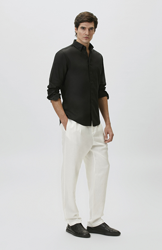 Slim Fit Siyah Keten Gömlek