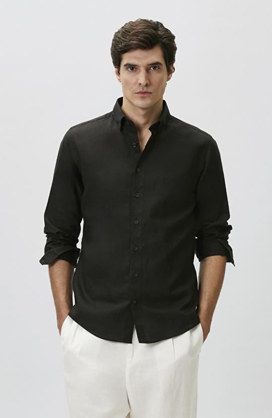 Slim Fit Siyah Keten Gömlek