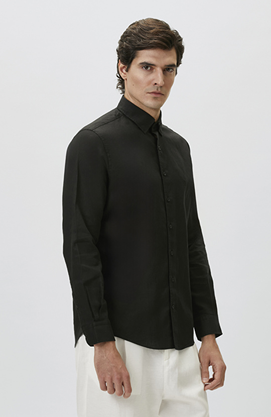 Slim Fit Siyah Keten Gömlek