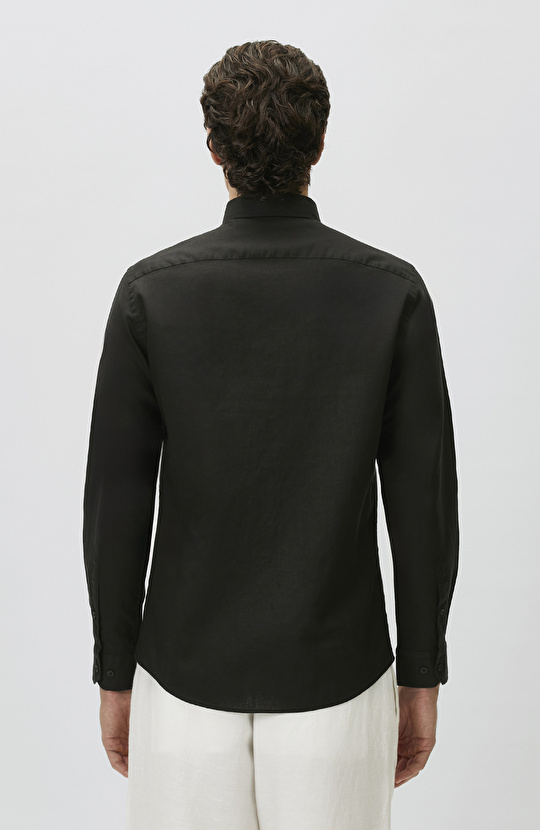 Slim Fit Siyah Keten Gömlek