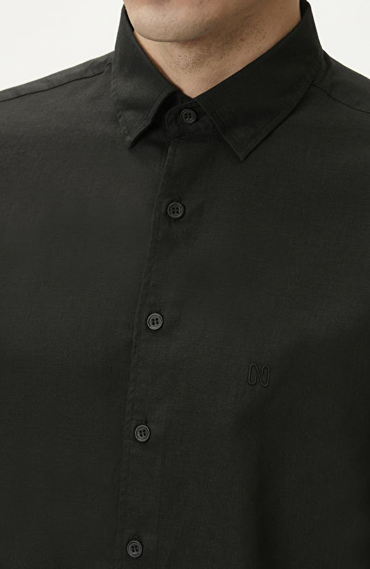 Slim Fit Siyah Keten Gömlek