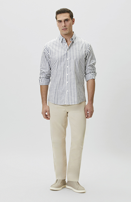 Ekru Mavi Çizgili Keten Gömlek