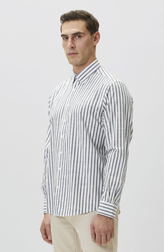 Ekru Mavi Çizgili Keten Gömlek