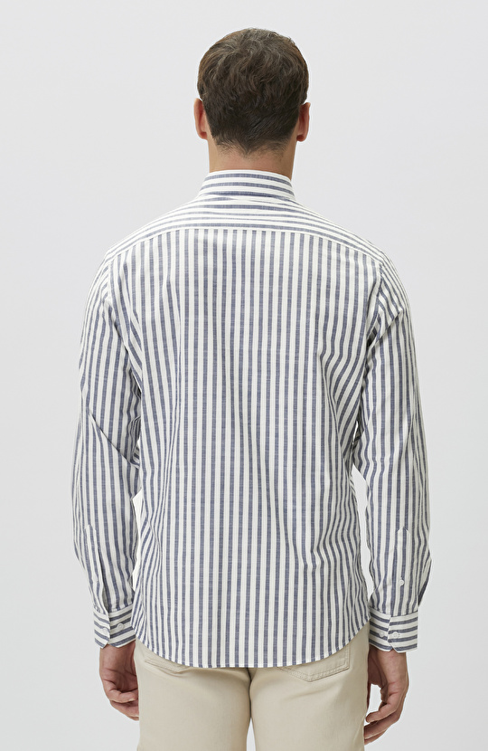 Ekru Mavi Çizgili Keten Gömlek