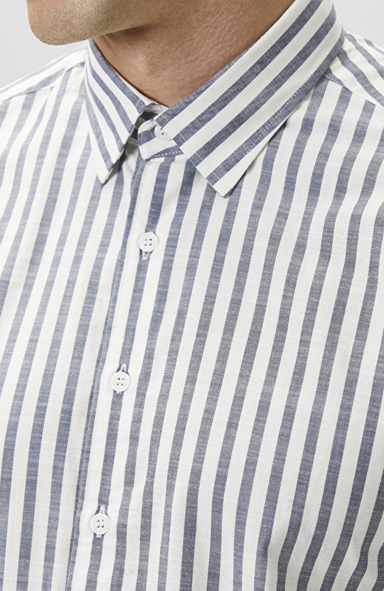 Ekru Mavi Çizgili Keten Gömlek