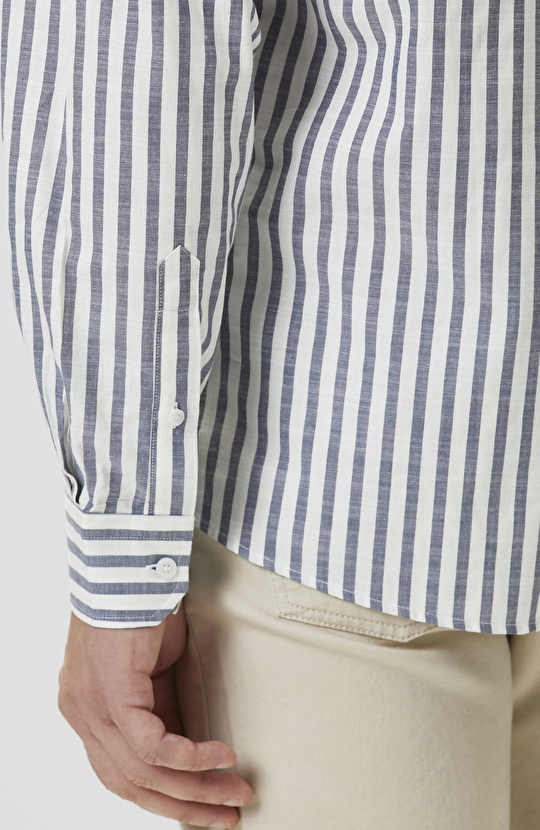 Ekru Mavi Çizgili Keten Gömlek
