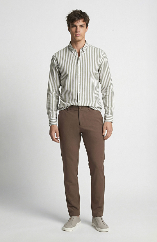 Slim Fit Khaki Striped Patterned Linen Shirt