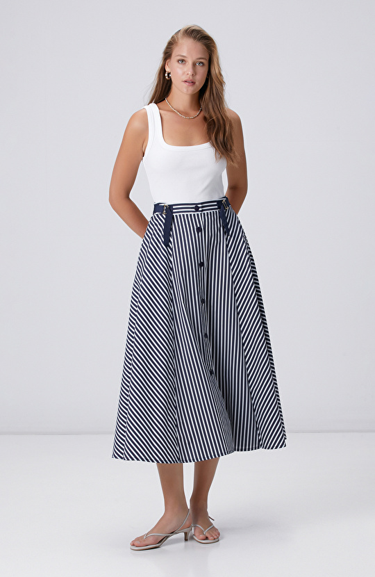 Lacivert Kırık Beyaz Çizgi Desenli Midi Etek