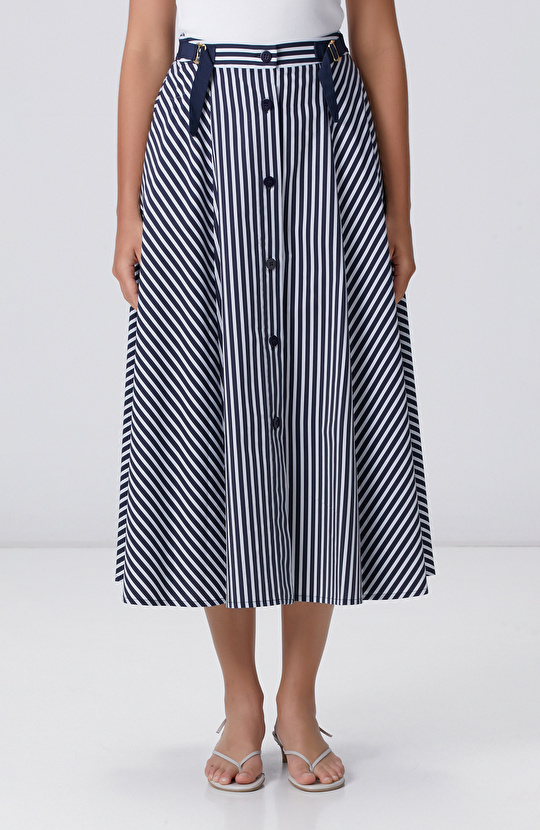 Lacivert Kırık Beyaz Çizgi Desenli Midi Etek