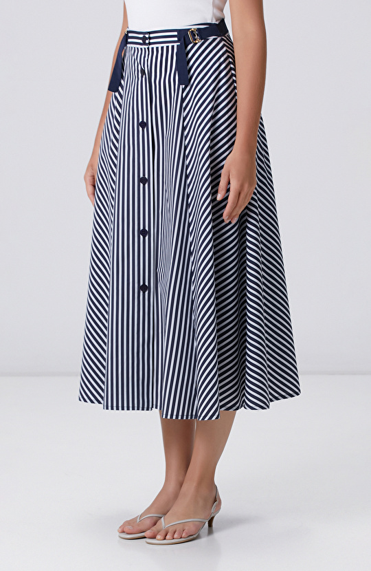 Lacivert Kırık Beyaz Çizgi Desenli Midi Etek