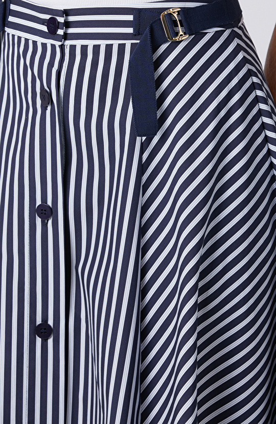 Lacivert Kırık Beyaz Çizgi Desenli Midi Etek