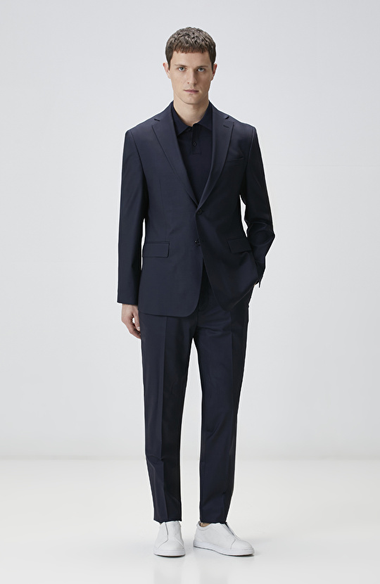 Lacivert Kazayağı Desen Yün Karışımlı Takım Elbise