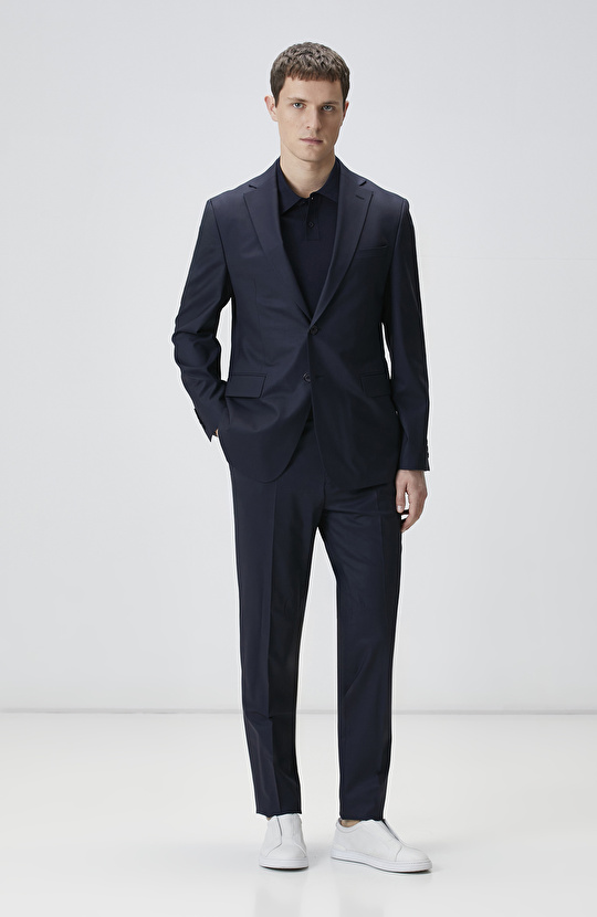 Lacivert Kazayağı Desen Yün Karışımlı Takım Elbise