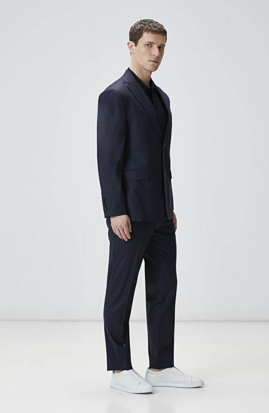 Lacivert Kazayağı Desen Yün Karışımlı Takım Elbise