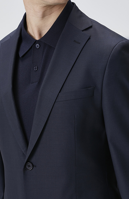 Lacivert Kazayağı Desen Yün Karışımlı Takım Elbise