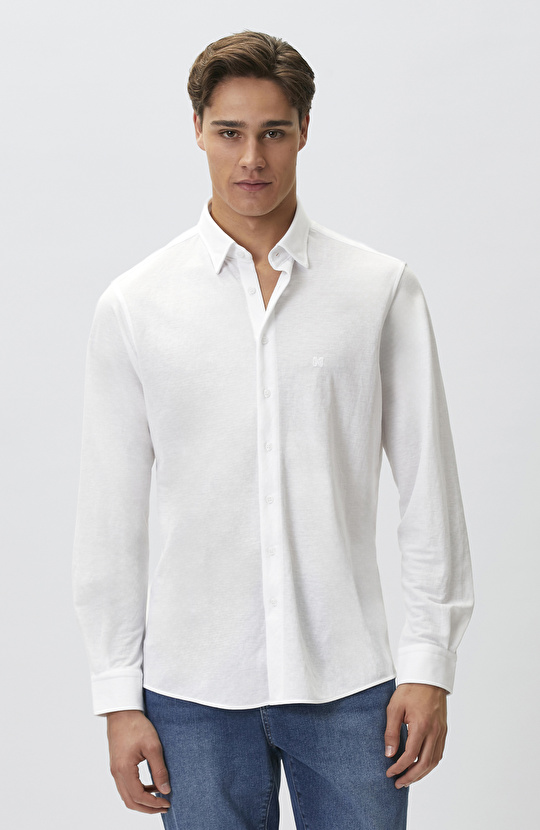 Slim Fit Beyaz Uzun Kol Örme Gömlek