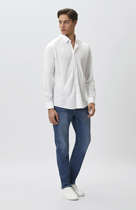 Slim Fit Beyaz Uzun Kol Örme Gömlek