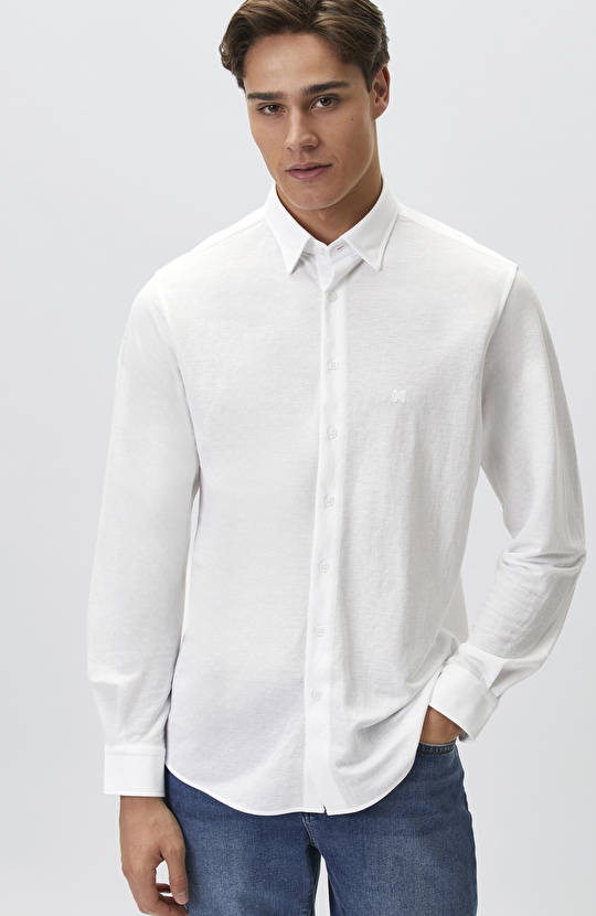 Slim Fit Beyaz Uzun Kol Örme Gömlek