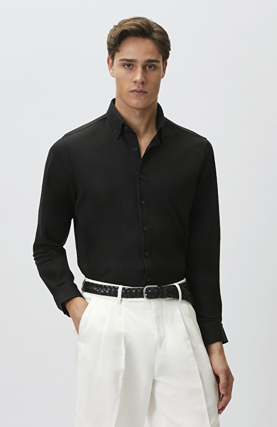 Slim Fit Siyah Uzun Kol Örme Gömlek