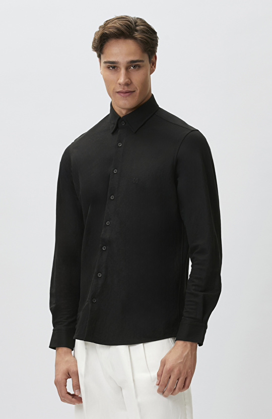 Slim Fit Siyah Uzun Kol Örme Gömlek